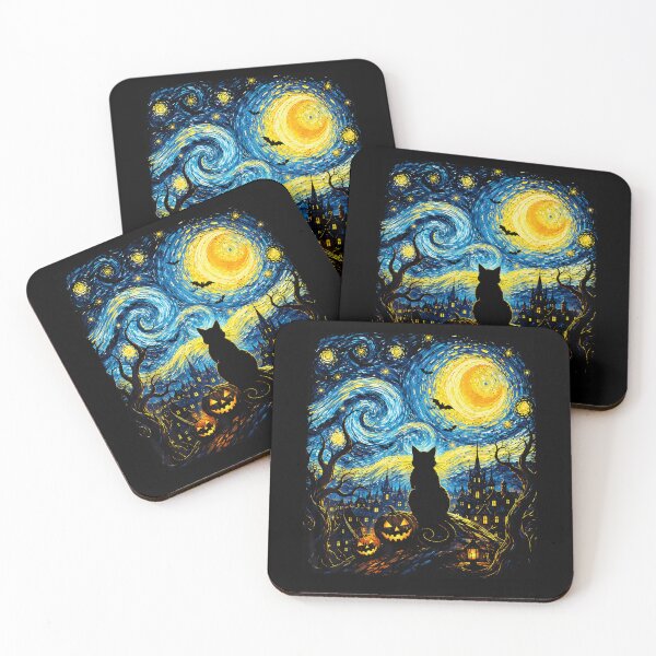 Item preview, Black Cat Silhouette Starry Night Halloween Pumpkins Bats Van Gogh Style Apparel designed and sold by slmfams.