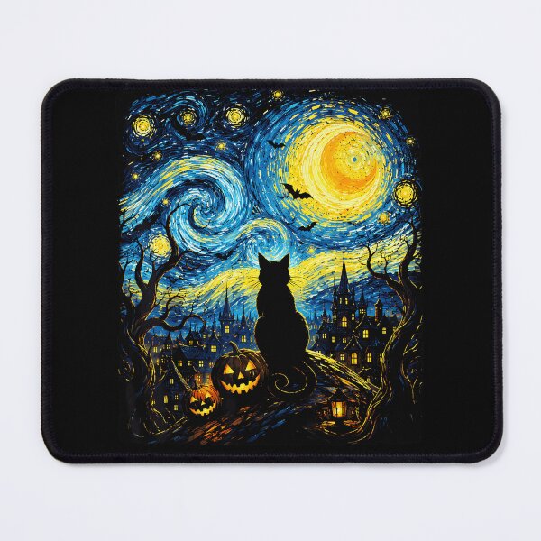 Item preview, Black Cat Silhouette Starry Night Halloween Pumpkins Bats Van Gogh Style Apparel designed and sold by slmfams.