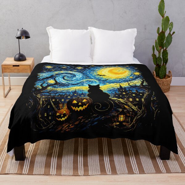 Item preview, Black Cat Silhouette Starry Night Halloween Pumpkins Bats Van Gogh Style Apparel designed and sold by slmfams.