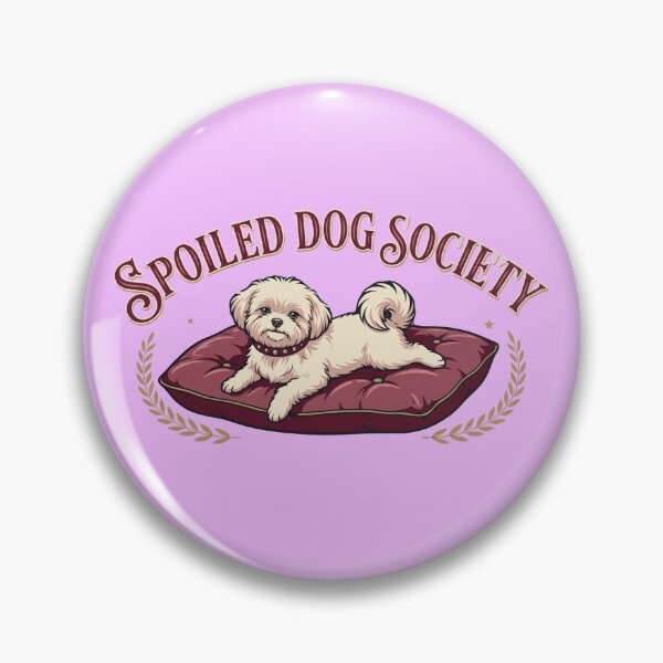 Item preview, Spoiled Dog Society Funny Vintage Logo - Cute White Fluffy Dog on Luxury Red Velvet Pillow with Crown and Banner designed and sold by BiniClicks.
