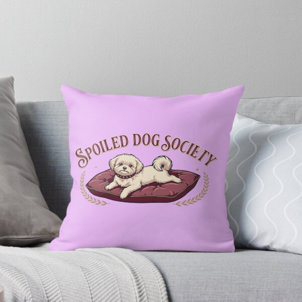 Item preview, Spoiled Dog Society Funny Vintage Logo - Cute White Fluffy Dog on Luxury Red Velvet Pillow with Crown and Banner designed and sold by BiniClicks.