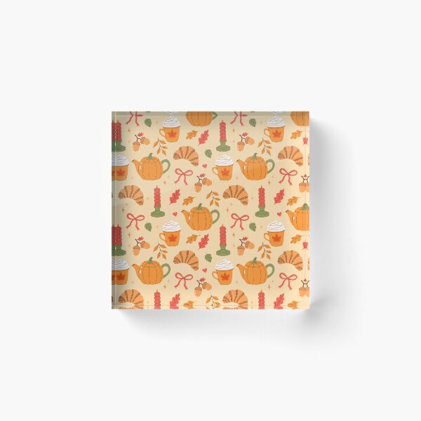 Item preview, Cozy autumn pattern with pumpkin teapots, hot drinks and croissants designed and sold by burbura.