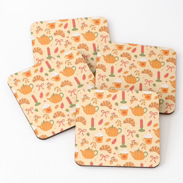 Item preview, Cozy autumn pattern with pumpkin teapots, hot drinks and croissants designed and sold by burbura.
