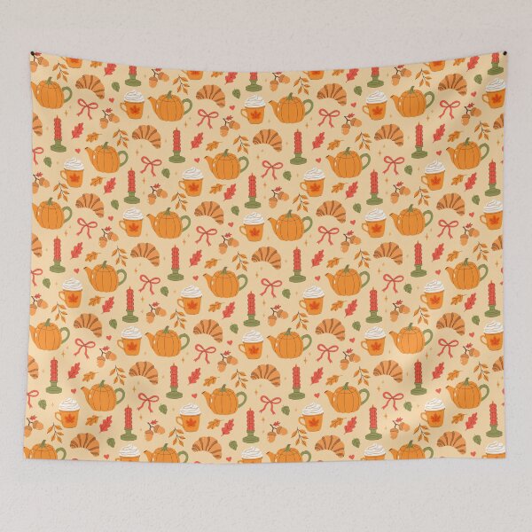 Item preview, Cozy autumn pattern with pumpkin teapots, hot drinks and croissants designed and sold by burbura.