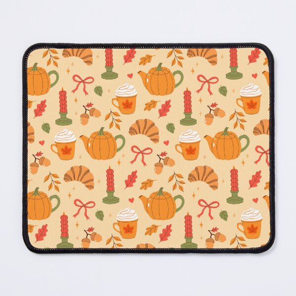 Item preview, Cozy autumn pattern with pumpkin teapots, hot drinks and croissants designed and sold by burbura.