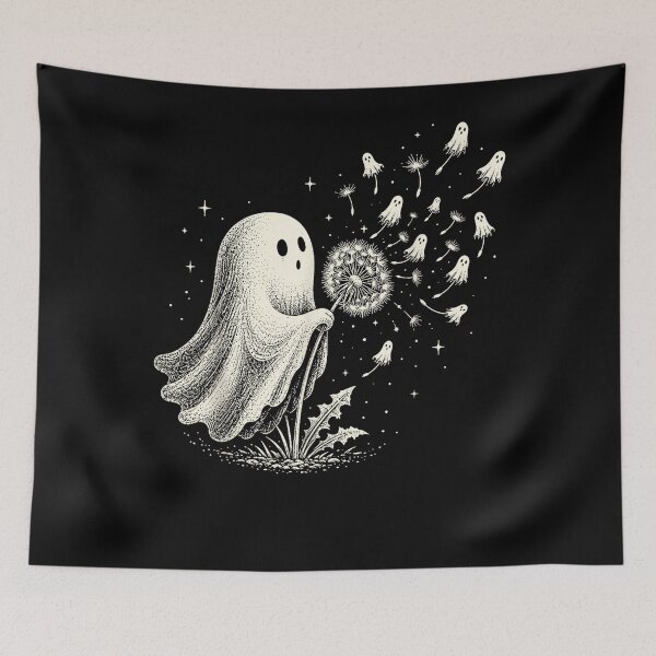 Aperçu de l'œuvre Cute Ghost Blowing Dandelion Wish Funny Halloween Spooky créée et vendue par JaredDeShop.