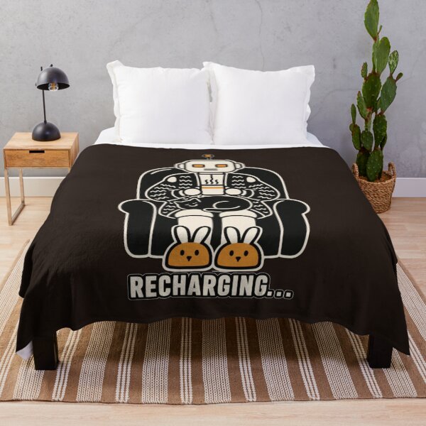 Item preview, Cozy Sci-Fi Robot Recharging With Sleeping Cat And Bunny Slippers designed and sold by KungPowUnicorn.