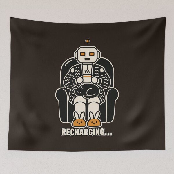 Item preview, Cozy Sci-Fi Robot Recharging With Sleeping Cat And Bunny Slippers designed and sold by KungPowUnicorn.