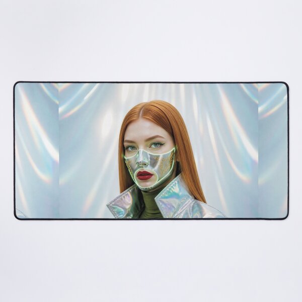 Item preview, Futuristic Caucasian Woman with orange red hair in Silver Mask with Gold Engravings designed and sold by Lucia Amaris Art.