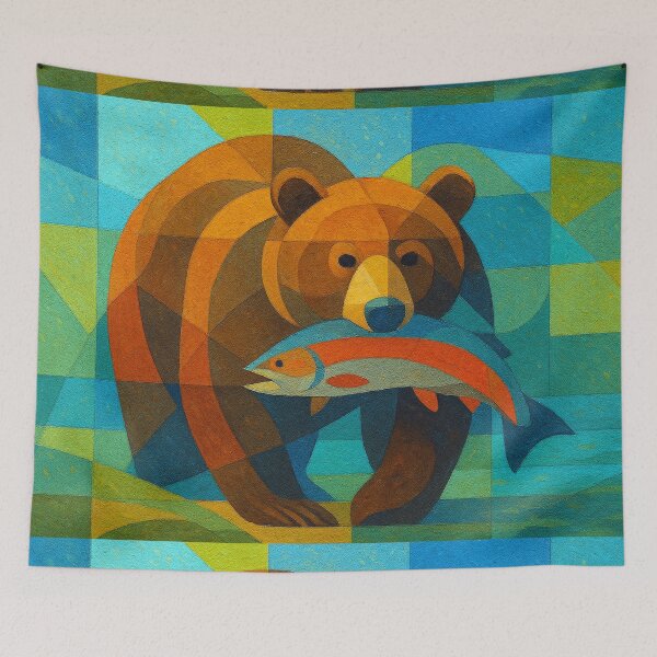 Item preview, Bear with salmon in mouth - a Geometric illustration. designed and sold by GalleryKauffeld.