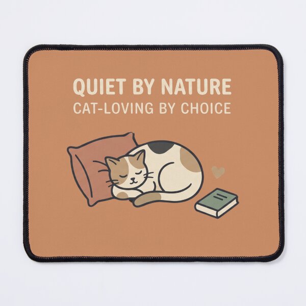 Item preview, A sleeping calico cat with a book and a heart, featuring text about being quiet by nature and cat-loving by choice designed and sold by BiniClicks.