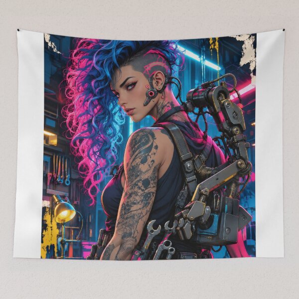 Item preview, Neon Mechanic Cyberpunk Girl Poster designed and sold by PigeonVerse.