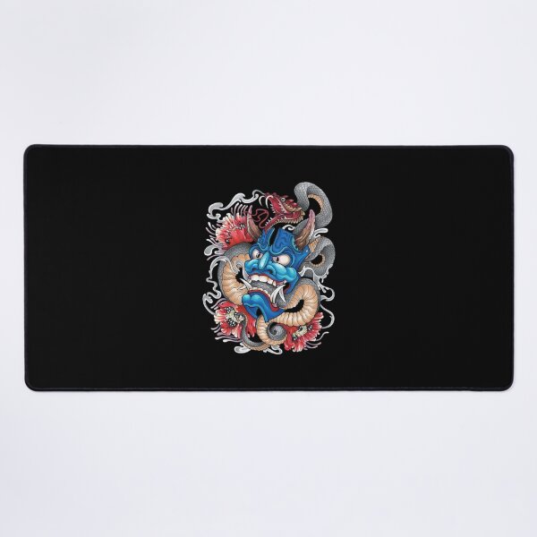 Item preview, Blue Oni Mask Snake Dragon Peony Art designed and sold by OlafZemlak.