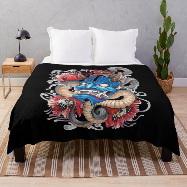 Item preview, Blue Oni Mask Snake Dragon Peony Art designed and sold by OlafZemlak.