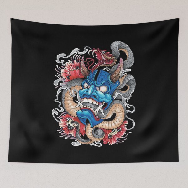 Item preview, Blue Oni Mask Snake Dragon Peony Art designed and sold by OlafZemlak.