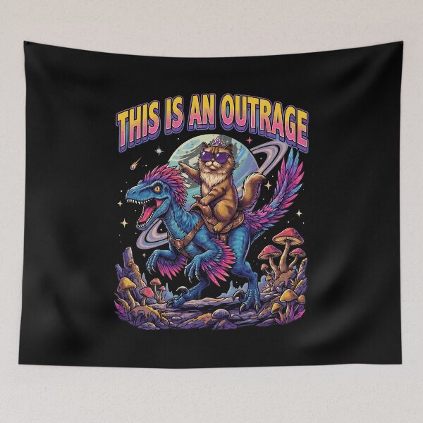 Item preview, Cat Riding Dinosaur Outrage Cosmic Retro designed and sold by AliciaGu867850.