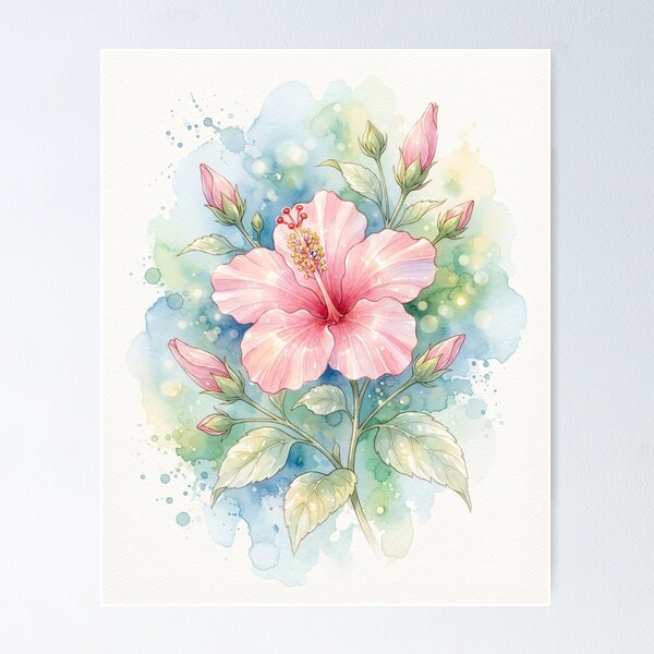 Item preview, Pink Hibiscus Watercolor Botanical Relief Art designed and sold by PIXEL DIGITAL ART.
