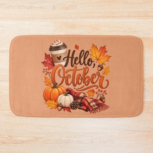 Item preview, Hello October – Cozy Autumn Pumpkin & Coffee Design designed and sold by blankTeeShirt.