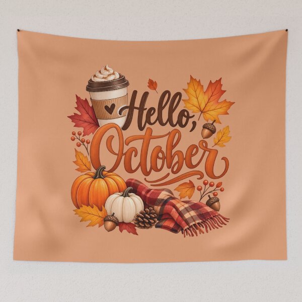 Item preview, Hello October – Cozy Autumn Pumpkin & Coffee Design designed and sold by blankTeeShirt.