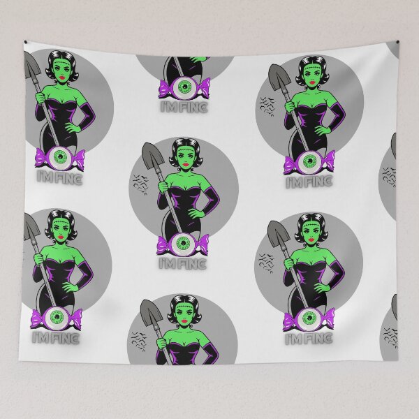 Item preview, Frankenstein woman with shovel and “I’m fine” text vector illustration designed and sold by creepyprints.
