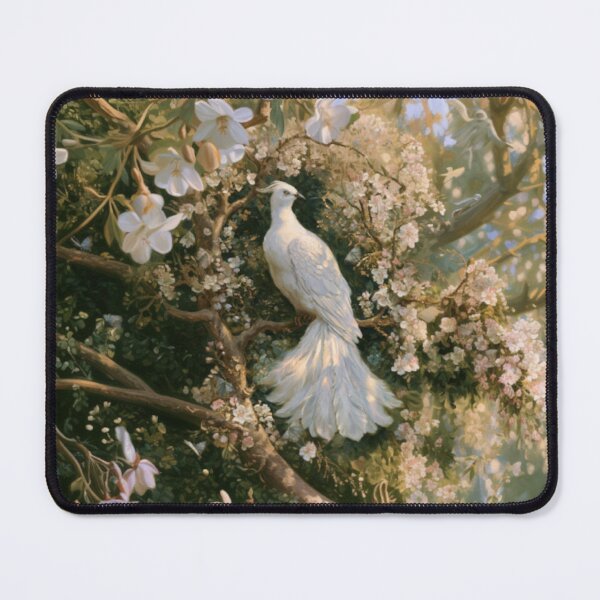 Item preview, A magnificent Caladrius perched gracefully upon the branch of an ancient flowering tree in a sunlit medieval gardens, Fantasy & Mythological Creatures designed and sold by CDC40.