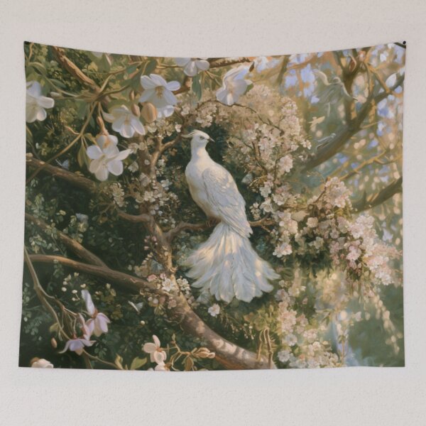 Item preview, A magnificent Caladrius perched gracefully upon the branch of an ancient flowering tree in a sunlit medieval gardens, Fantasy & Mythological Creatures designed and sold by CDC40.