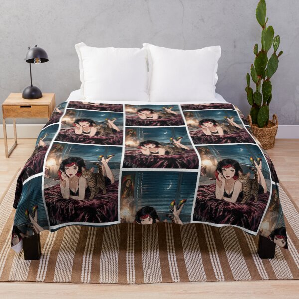 Item preview, Midnight Reggae Cat Lady Cozy Retro Bedroom Anime Art designed and sold by Hen-C-Art.