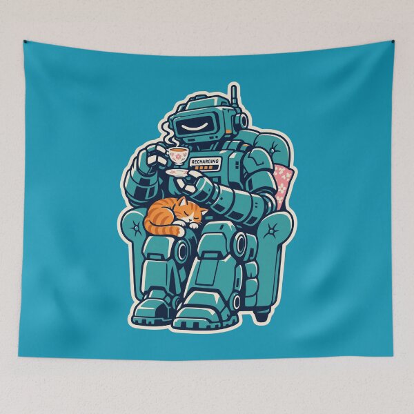 Item preview, Cute Cozy Sci-Fi Robot Tea Time With Sleeping Ginger Cat And Recharging designed and sold by KungPowUnicorn.