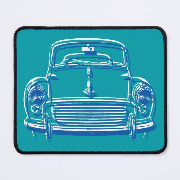 Aperçu de l'œuvre Morris Minor, voiture classique britannique des années 1960, bleu et blanc créée et vendue par soitwouldseem.
