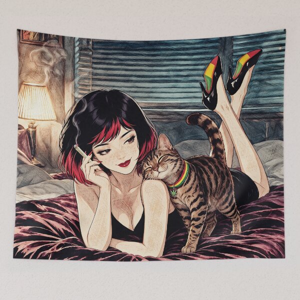 Item preview, Late Night Chill Cat Lady Reggae Vibes Bedroom Anime Art designed and sold by Hen-C-Art.