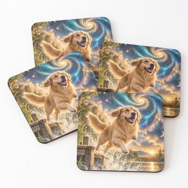 Item preview, Three-legged Golden Retriever in the water under a galaxy sky designed and sold by knuppify.