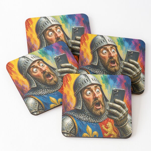 Artikelvorschau, Karikatur eines mittelalterlichen Kreuzritters in Rüstung mit Smartphone – farbenfrohe Kunst entworfen und verkauft von GrinGalore.