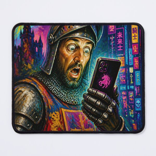 Item preview, Portal Fantasy Cyberpunk Knight with Smartphone Neon Funny Art designed and sold by GrinGalore.