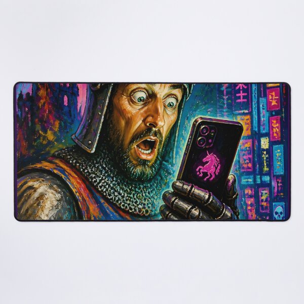 Item preview, Portal Fantasy Cyberpunk Knight with Smartphone Neon Funny Art designed and sold by GrinGalore.