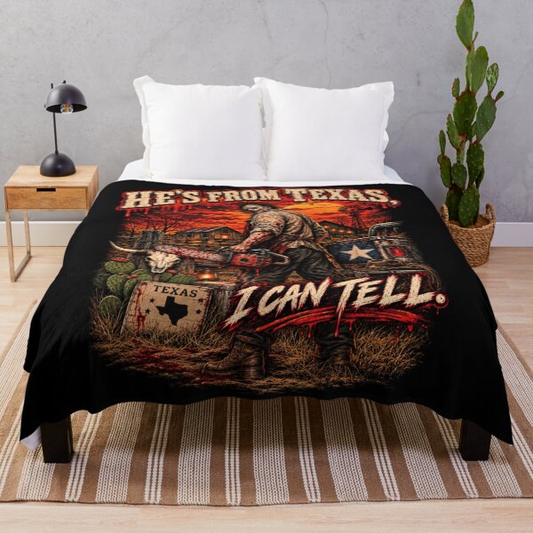 Item preview, He's From Texas I Can Tell Slasher Horror Halloween Graphic designed and sold by DestiniHill.