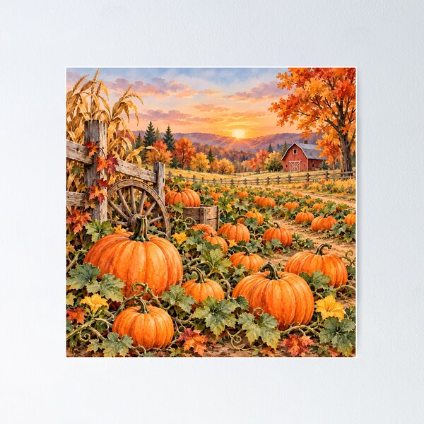 Item preview, Autumn Pumpkin Farm at Sunset – Cozy Fall Harvest Landscape designed and sold by blankTeeShirt.