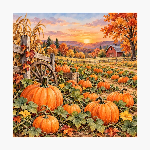 Item preview, Autumn Pumpkin Farm at Sunset – Cozy Fall Harvest Landscape designed and sold by blankTeeShirt.