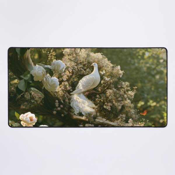 Item preview, A magnificent Caladrius perched gracefully upon the branch of an ancient flowering tree in a sunlit medieval gardens, Fantasy & Mythological Creatures designed and sold by CDC40.