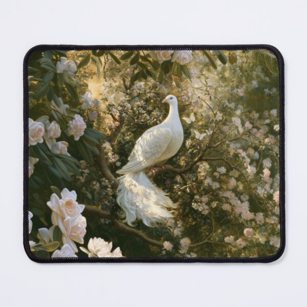 Item preview, A magnificent Caladrius perched gracefully upon the branch of an ancient flowering tree in a sunlit medieval gardens, Fantasy & Mythological Creatures designed and sold by CDC40.