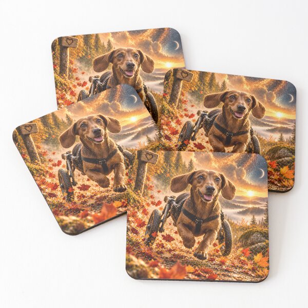 Item preview, Cheerful dachshund in a wheelchair in autumnal galaxy space designed and sold by knuppify.