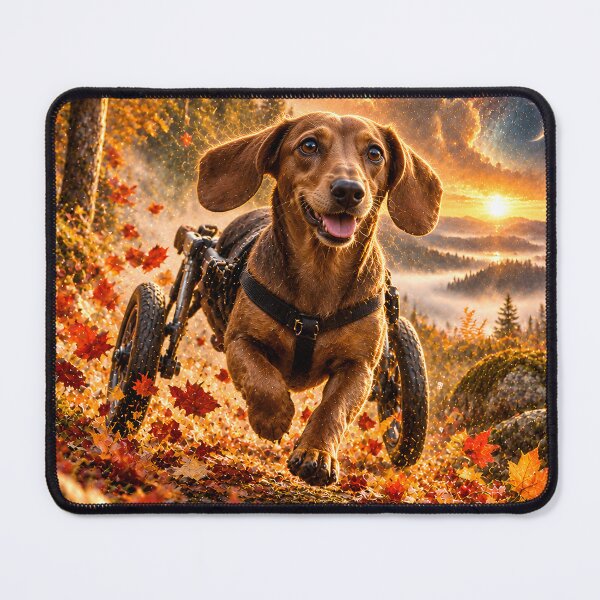 Item preview, Cheerful dachshund in a wheelchair in autumnal galaxy space designed and sold by knuppify.