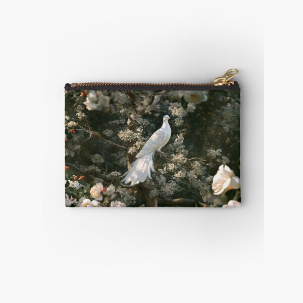 Item preview, A magnificent Caladrius perched gracefully upon the branch of an ancient flowering tree in a sunlit medieval gardens, Fantasy & Mythological Creatures designed and sold by CDC40.