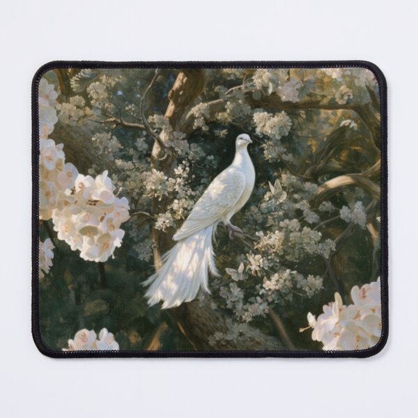 Item preview, A magnificent Caladrius perched gracefully upon the branch of an ancient flowering tree in a sunlit medieval gardens, Fantasy & Mythological Creatures designed and sold by CDC40.