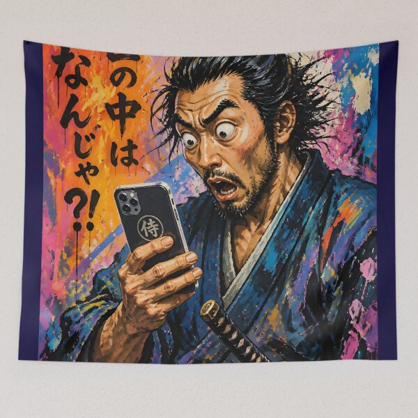 Item preview, Shocked Samurai 侍 with Smartphone Funny Japanese Meme Art designed and sold by GrinGalore.