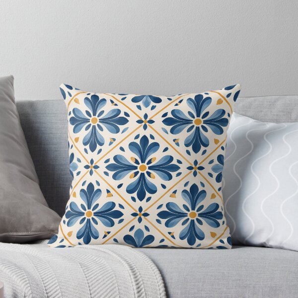 Item preview, Blue & Ochre Mediterranean Floral Tile Pattern designed and sold by VOLLOS.