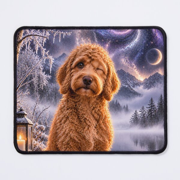 Item preview, Visually impaired Goldendoodle in the snow under galaxy space designed and sold by knuppify.