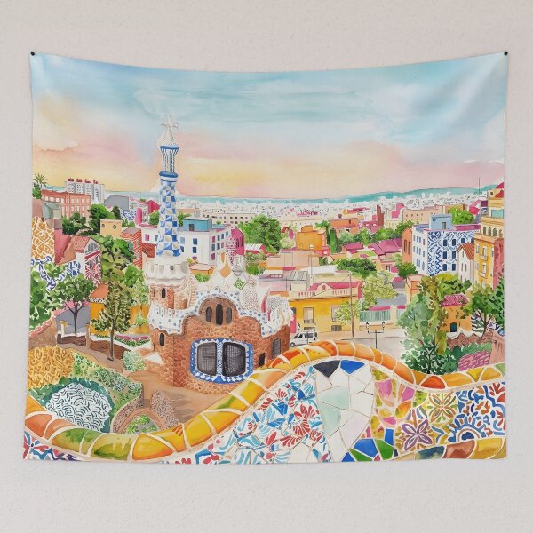 Item preview, Park Guell Barcelona Watercolor Print – Spain Wall Art designed and sold by POSTERIOCREW.