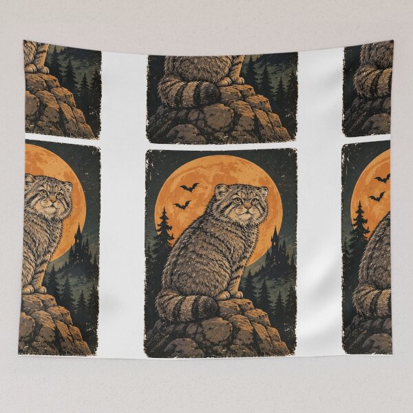 Item preview, A spooky Halloween atmosphere featuring a Pallas's cat and a full moon. designed and sold by Thegoldenline.