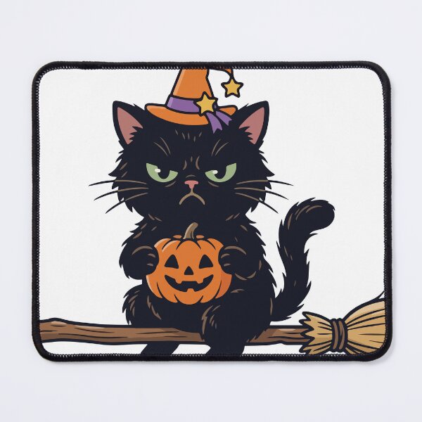 Item preview, Grumpy Black Cat Witch Flying on Broomstick Halloween designed and sold by YasminTaha.