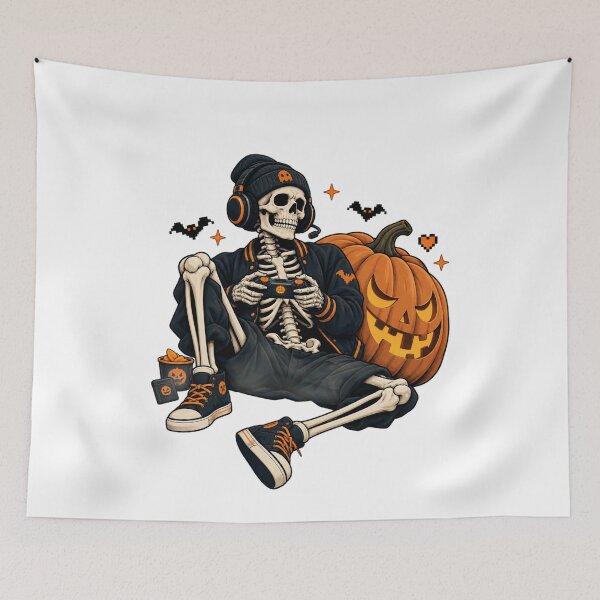 Item preview, Gaming Skeleton Brings Spooky Halloween Pumpkin Night Energy designed and sold by FreshVibe Prints.